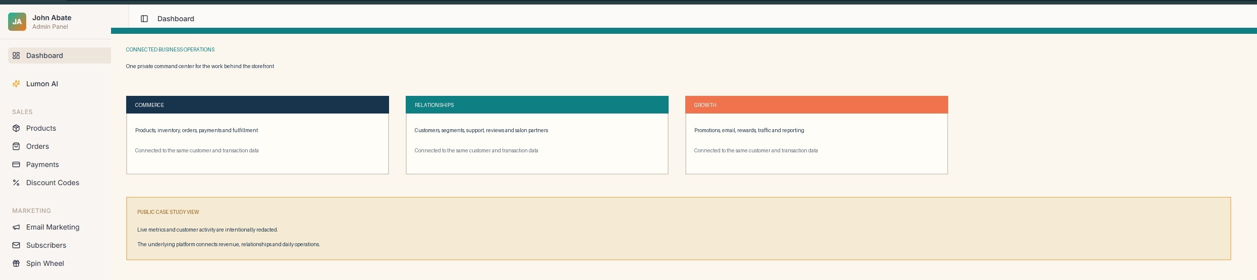 Sanitized John Abate admin command center for products, orders, marketing, customers, rewards, salons, analytics, support, settings, and Lumon AI