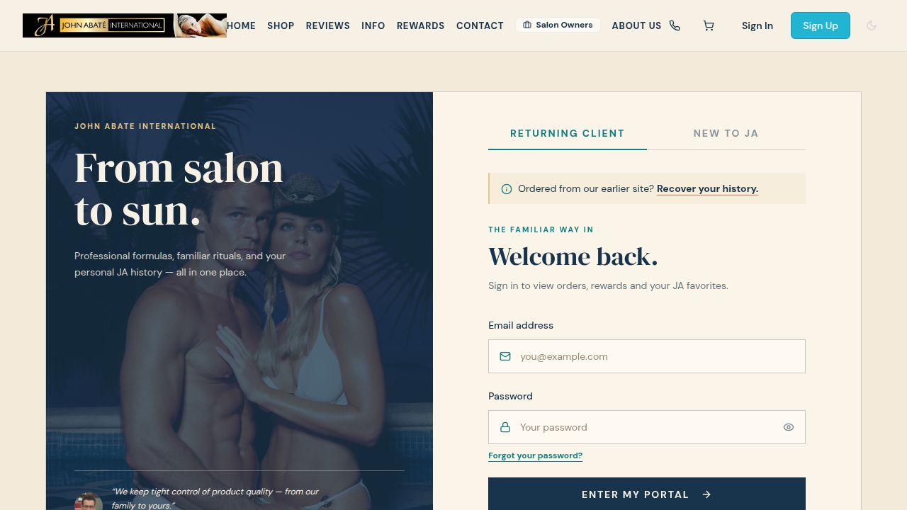 John Abate Client Portal sign-in with Salon to Sun headline, heritage photography, and account access