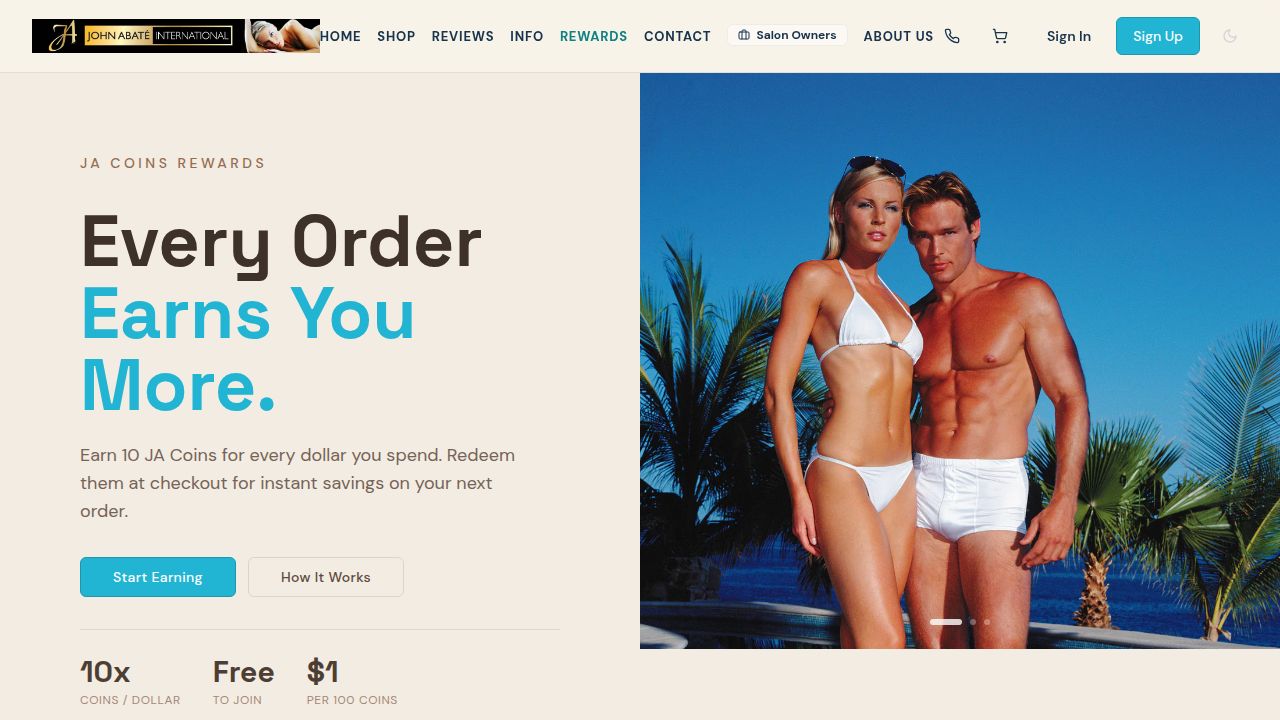 John Abate JA Coins page explaining how eligible orders create rewards toward future purchases