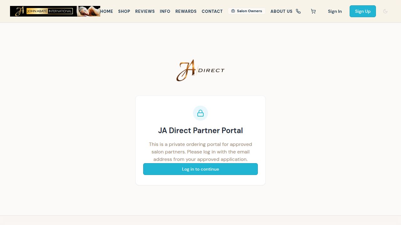 John Abate JA Direct protected salon-partner portal access screen