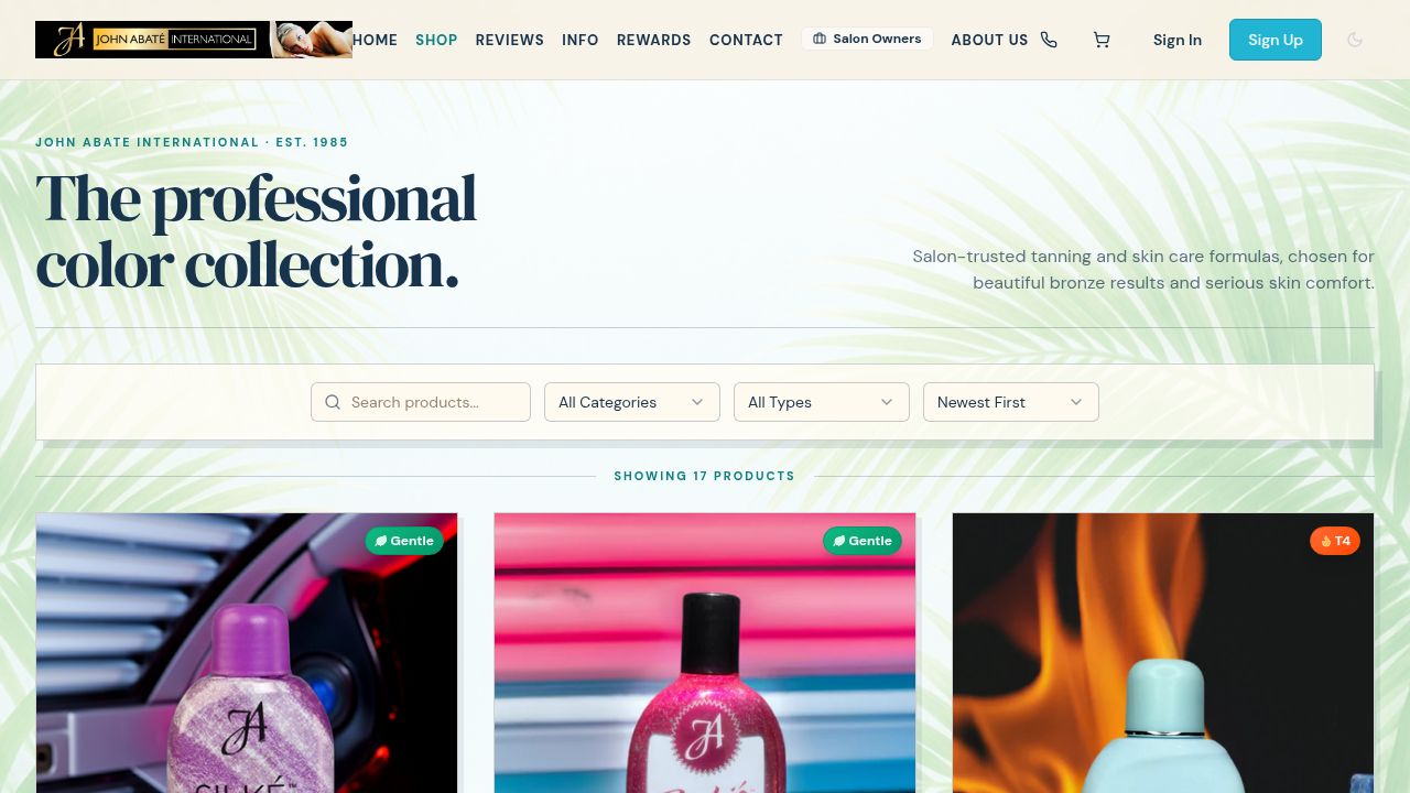 John Abate product catalog with collection header, category controls, product cards, and shopping actions